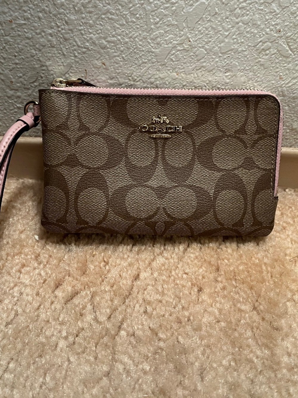Coach Double Corner Zip Wristlet Wallet In Khaki/Pink Signature Canvas